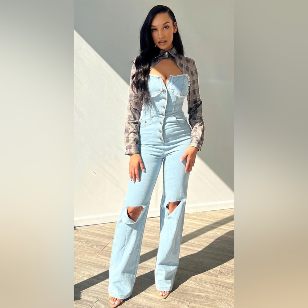 Chic Denim and Plaid Women's Overalls